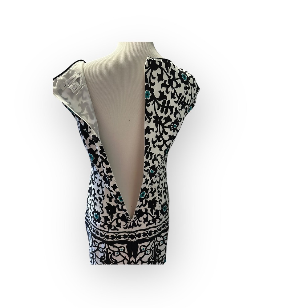 Liz Claiborne Sheath Dress Size 6 Black White Turquoise Scroll Border Print - Picture 9 of 16
